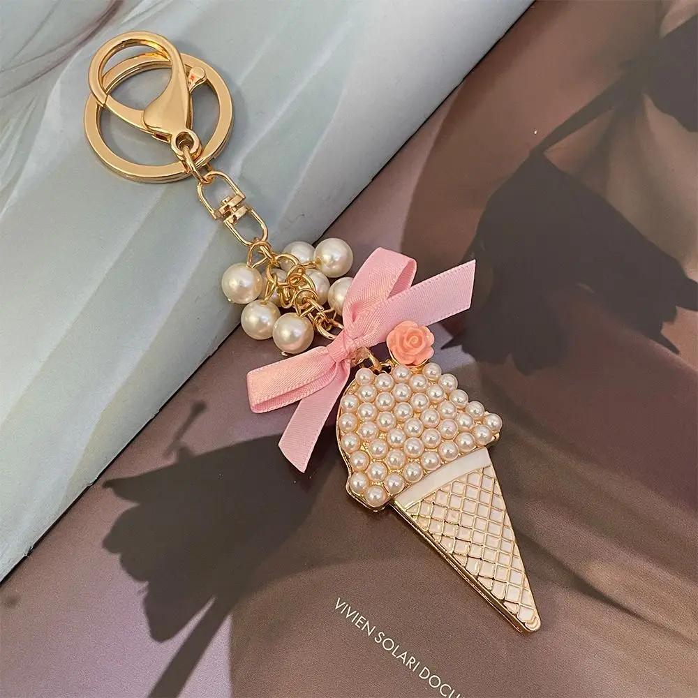 Creative Pearl String Ice-cream Car Keychain Exquisite Korean Version Car Metal Key Ring Fashionable Simple Bag Pendant Women