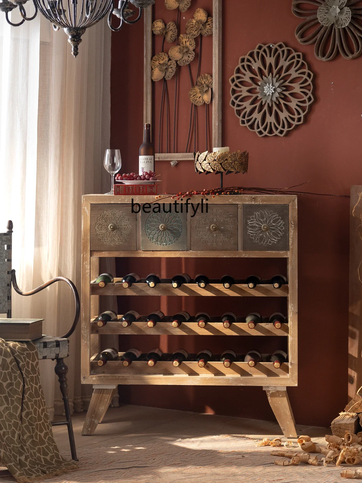 

09 Engraving Wine Rack Living Room Wine Cabinet Dining Room Display Rack Bar Showcase Distressed