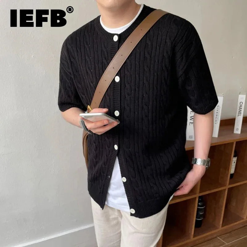 

IEFB Korean Style Men's Cardigan Casual Knitted Round Neck Tops Short Sleeve Single Brteasted Solid Color Loose Sweater 9C6496