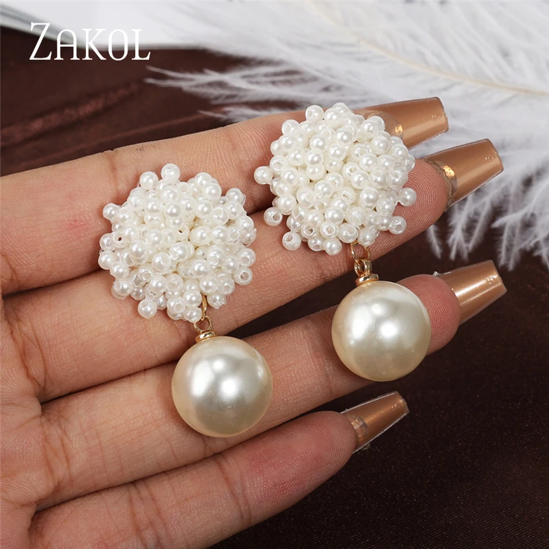 ZAKOL Korean Trendy White Spherical Imitation Pearl Drop Earrings for Women Elegant Bridal Wedding Jewelry