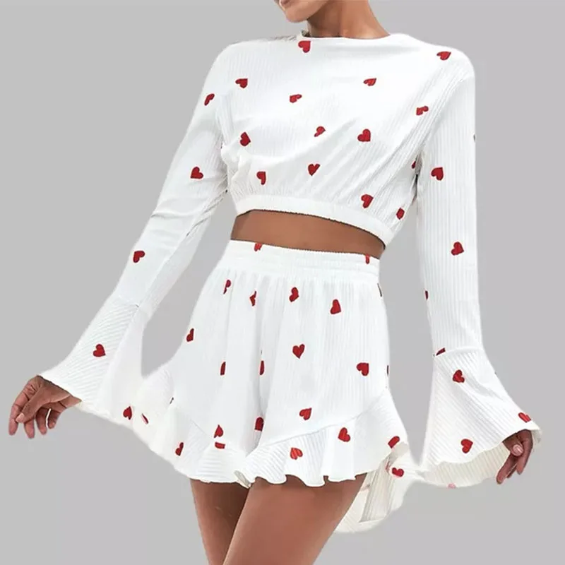 Women Pajamas Sets Love Heart Printed Sleepwear Comfort Nightwear Long Sleeve Tops+Shorts Two Piece Suits Casual Home Clothes