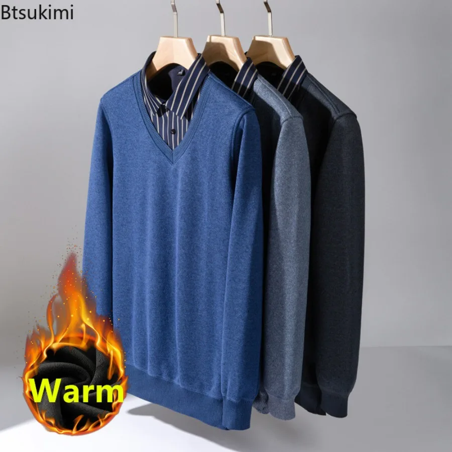 New 2024 Men's Autumn Winter Fake Two Piece Warm Shirts Sweater Thicker Fleece Lapel Knitted Warm Pullovers Tops Men Shirts Top