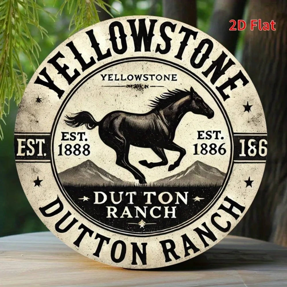 2D-Flat-Print Yellowstone Park Ranch Metallschild – 7,8 x 7,8 Zoll rustikales Westerndekor mit Pferd- und Bergdesign