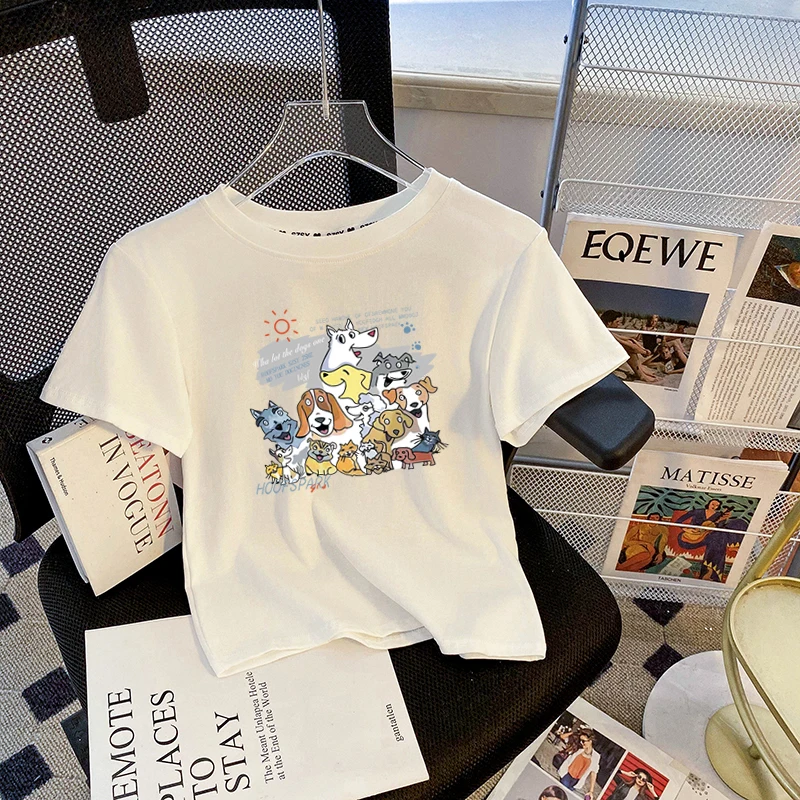 

2024 New Cotton White Slim Fit Cute T-shirt Women Chic Design Sense Cartoon Short Sleeved Short Top Kawaii Tees