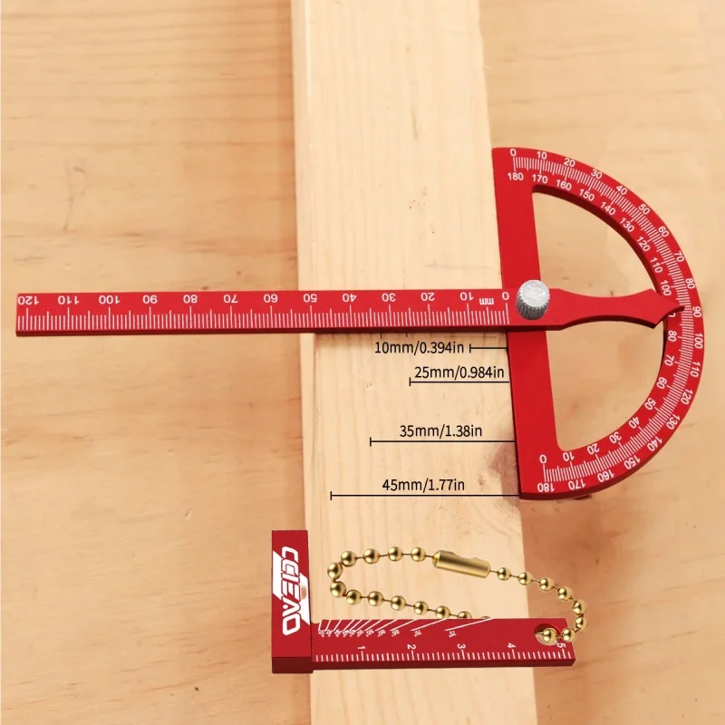 180° Circle Drawing Ruler with Mini L Square Keychain, Woodworking Compass Ruler Marking Gauge Layout Tool for Carpenter DIY