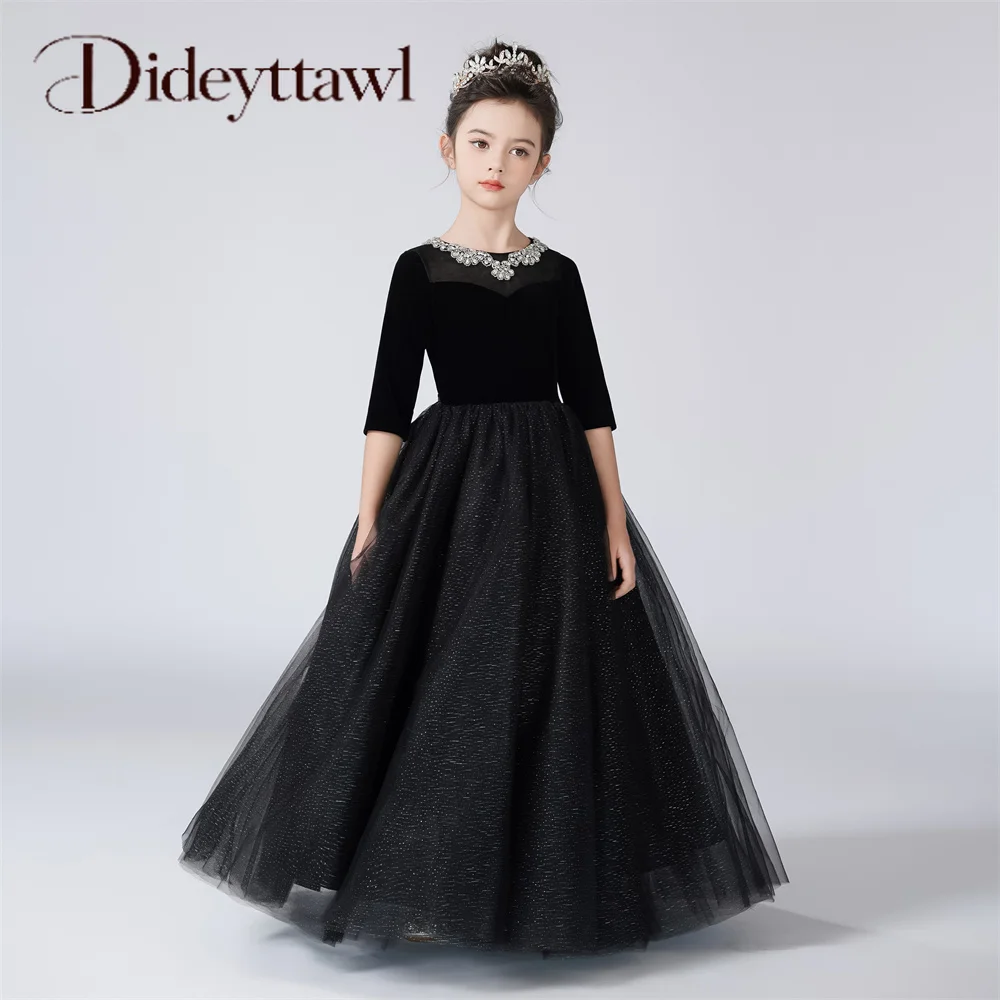 dideyttawl-customized-dress-for-girl-rhinestone-shiny-tulle-flower-girl-dresses-half-sleeves-kids-birthday-formal-princess-gowns