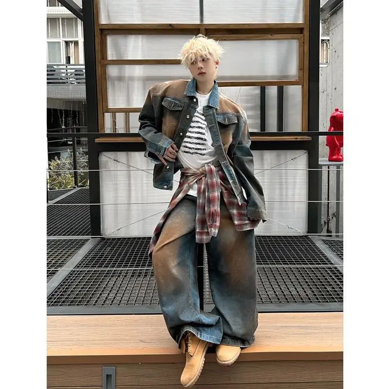 

American Retro Wasteland Style Baggy Jeans Japan Korean Fashion Men's High Street Hip-hop Jacket and Denim Pants Streetwear Men