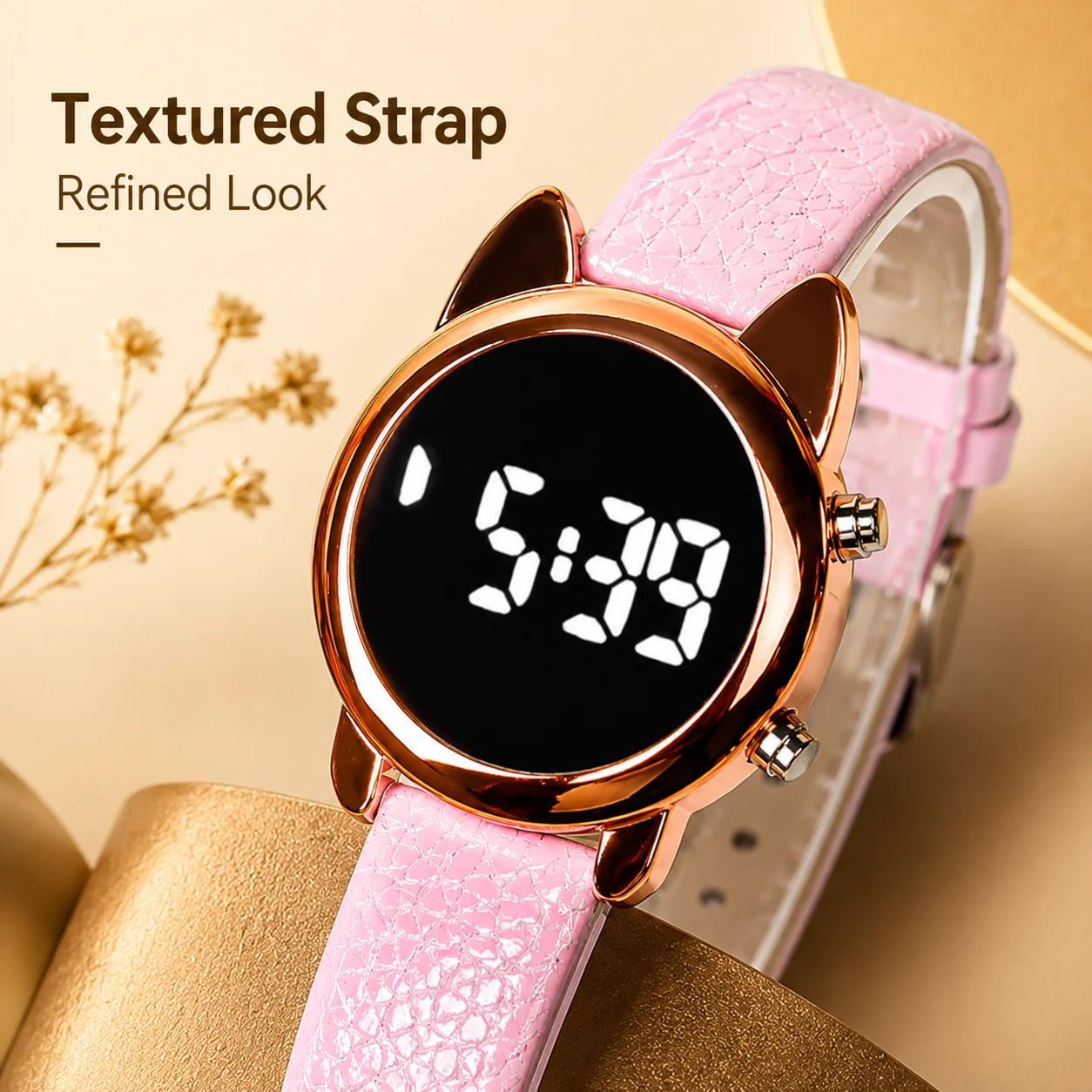 Women's LED digital watch with cat ear design, rose gold case, black mirror dial and glossy embossed strap