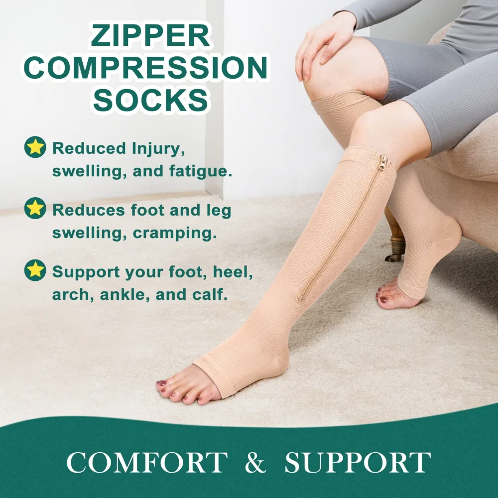 2Pairs Zipper Calf Compression Length Stocking for Women Slim Sleeping Beauty Leg Calf Prevent Varicose Veins, Sports Runing