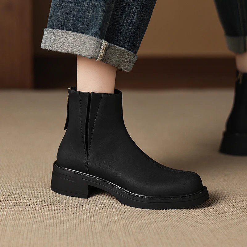2026 new autumn winter women ankle boots natural leather plus size 22-26cm cowhide round toe thick heel back zip short boots