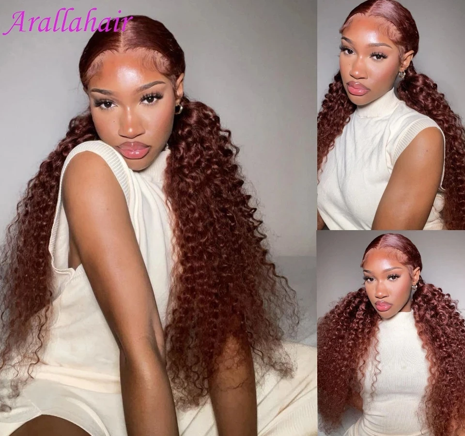 Reddish Brown Deep Wave Frontal Wig Human Hair Ginger/ Red  Highlight 13x4 HD Water Wave Lace Frontal Wig PrePlucked 180 Density