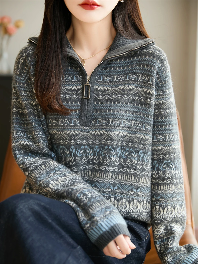 

Осень-зима, свободный женский вязаный пуловер, жаккардовый свитер с полумолнией и лацканами, свитер с геометрическим рисунком в стиле ретро, вязаная нижняя рубашка, новинка