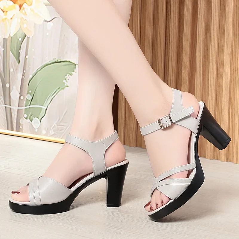 6.5cm 8cm Comfortable Block High Heels Sandals Women Shoes 2024 Summer Soft Leather Platform Sandals for Office Work Mom