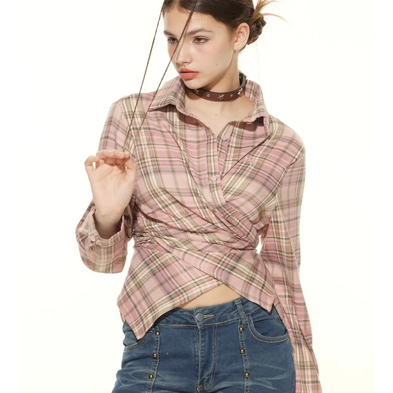 ALIDI SC Long Sleeved Loose Shirt Top for Women's 2024 Spring/Summer New Product American Checkered Design Feels Small and Slim