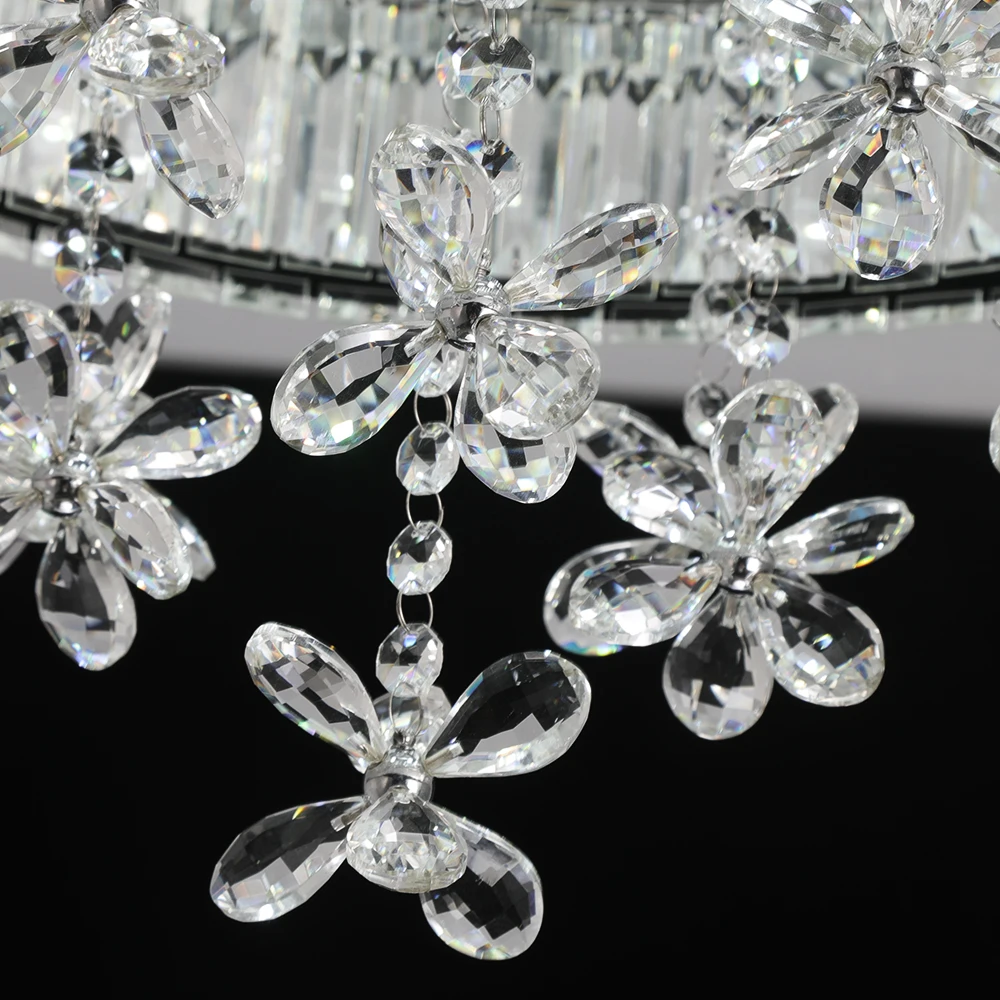 LED Modern Round Crystal Ceiling Light Flush Mount Chandelier with Flower Pendants Prism Crystal Lamp for Living Room Bedroom Home Decor