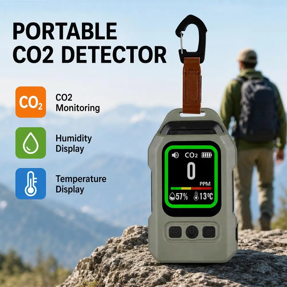 4in1 Carbon Monoxide Carbon Dioxide Alarm Temp Humidity Air Quality Detector Audible Visual Warning Built Flashlight for Camping