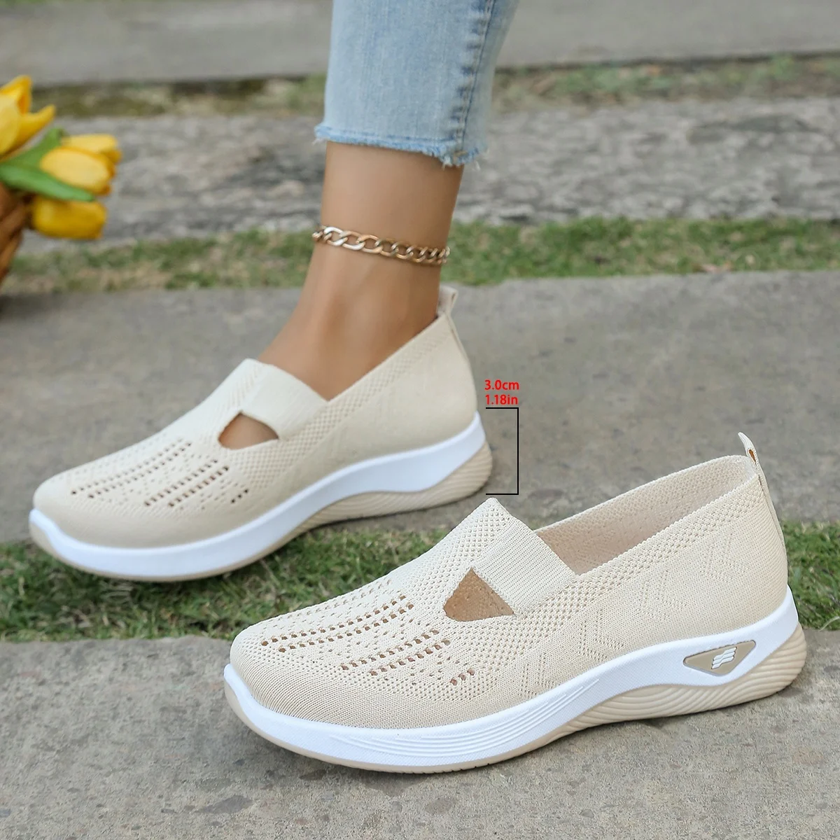 Women's Hollow Knit Mesh Slip On Sneakers, Orthopedic Comfortable Walking Shoes, Casual Flats for Elderly image 4