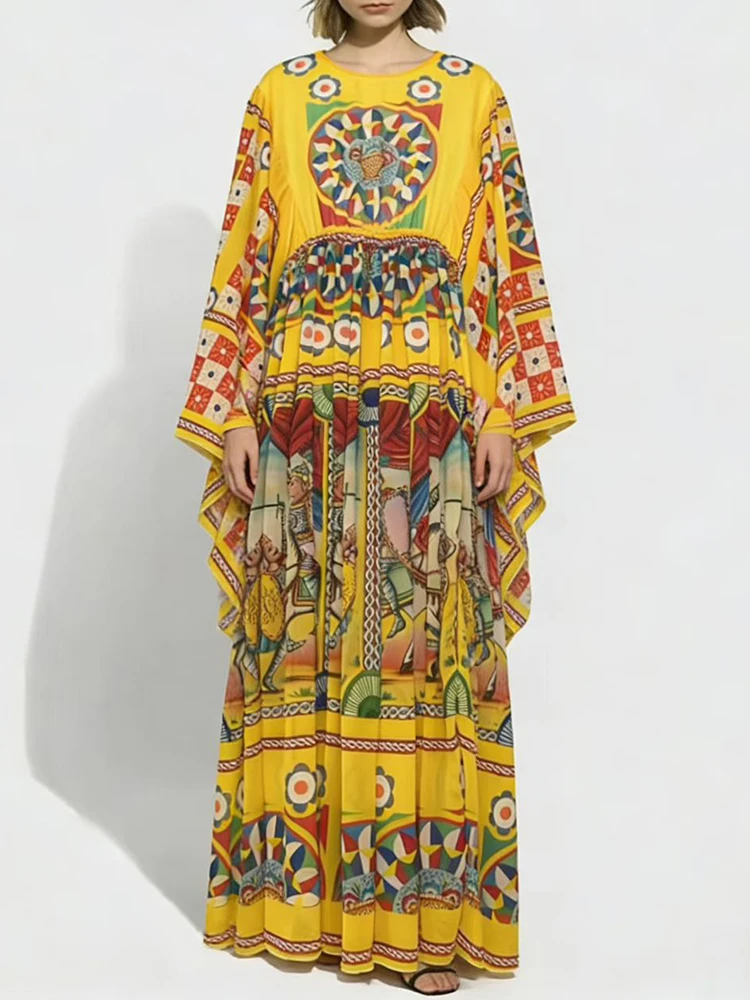 Retro-Pulloverkleid mit geometrischem Druck, plissierter Taille, Rundhalsausschnitt, 2026, Frühlings-Damenmode, lockerer, übergroßer, bauschiger Rock