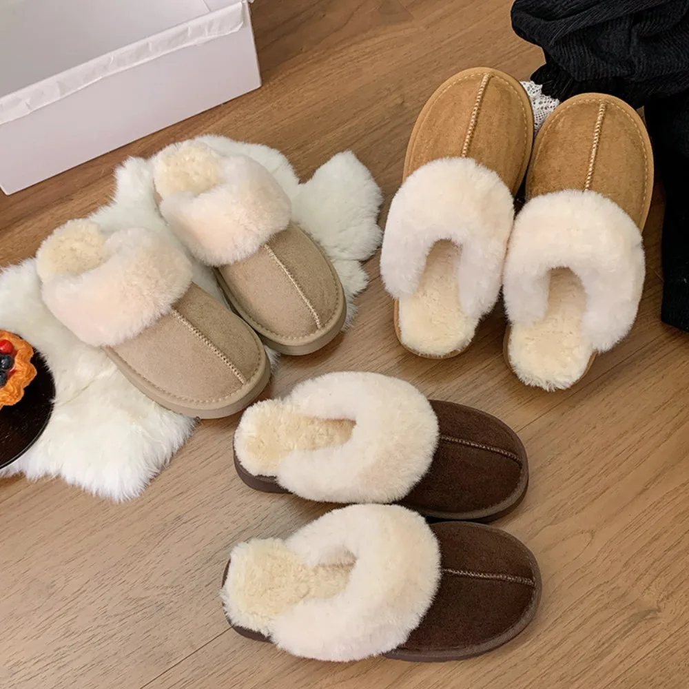 

Warm Wool Slippers Flat Bottom Sheepskin Women's Shoes Indoor Outdoor Head Cover Anti-Slip Winter Comfortable Round Toe Boots