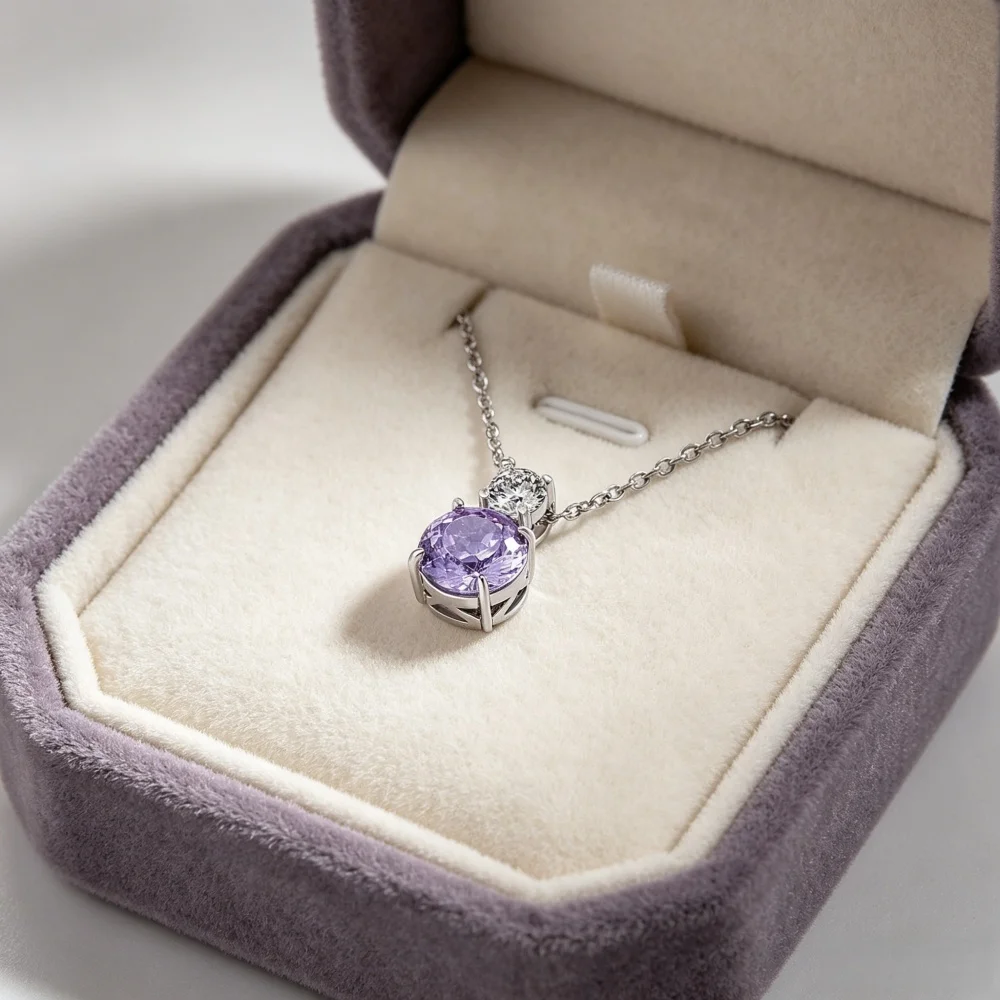 925 Sterling Silber Lila Amethyst Anhänger Halskette für Damen, 5A Kubikzirkonia Hochzeit Party Schmuck, Elegante Schlüsselbeinkette – Detail 3