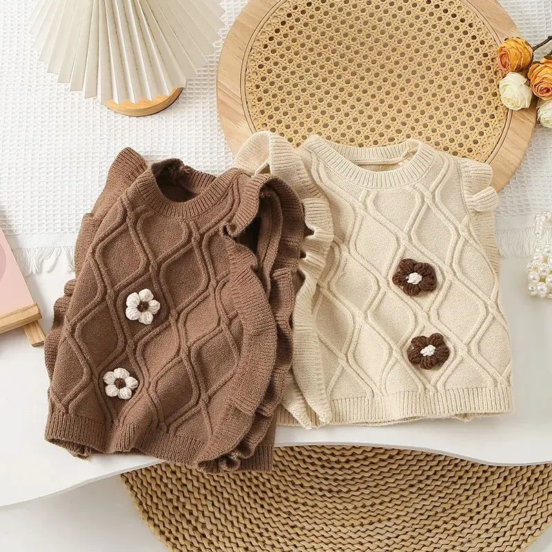 

Autumn Winter Children Tops Baby Girls Sweater Tank Flower Knitted Vest New Fall Cute Toddler Waistcoat Base Casual Kids Clothes