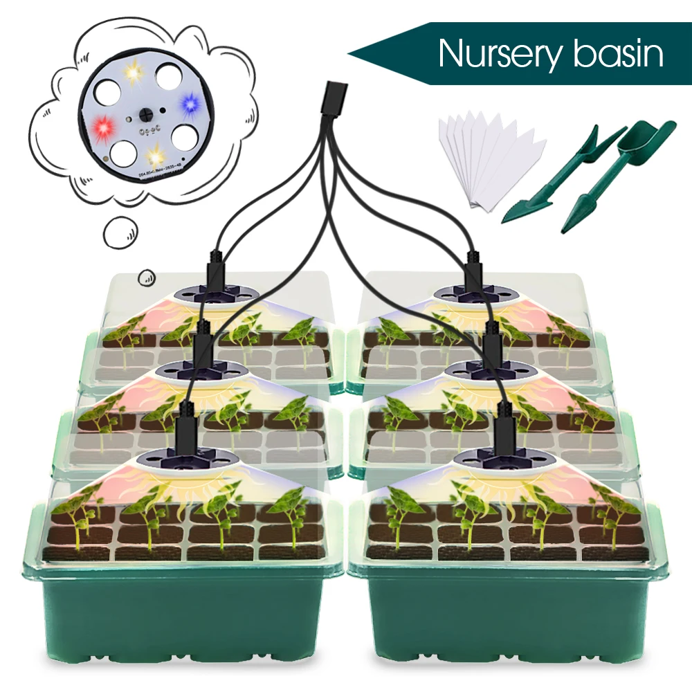 Home Greenhouse Seed Stater Trays 12 Cells Green Transparent Grow Box Visible with Warm Grow Lights Garden Propagation Pots Tool