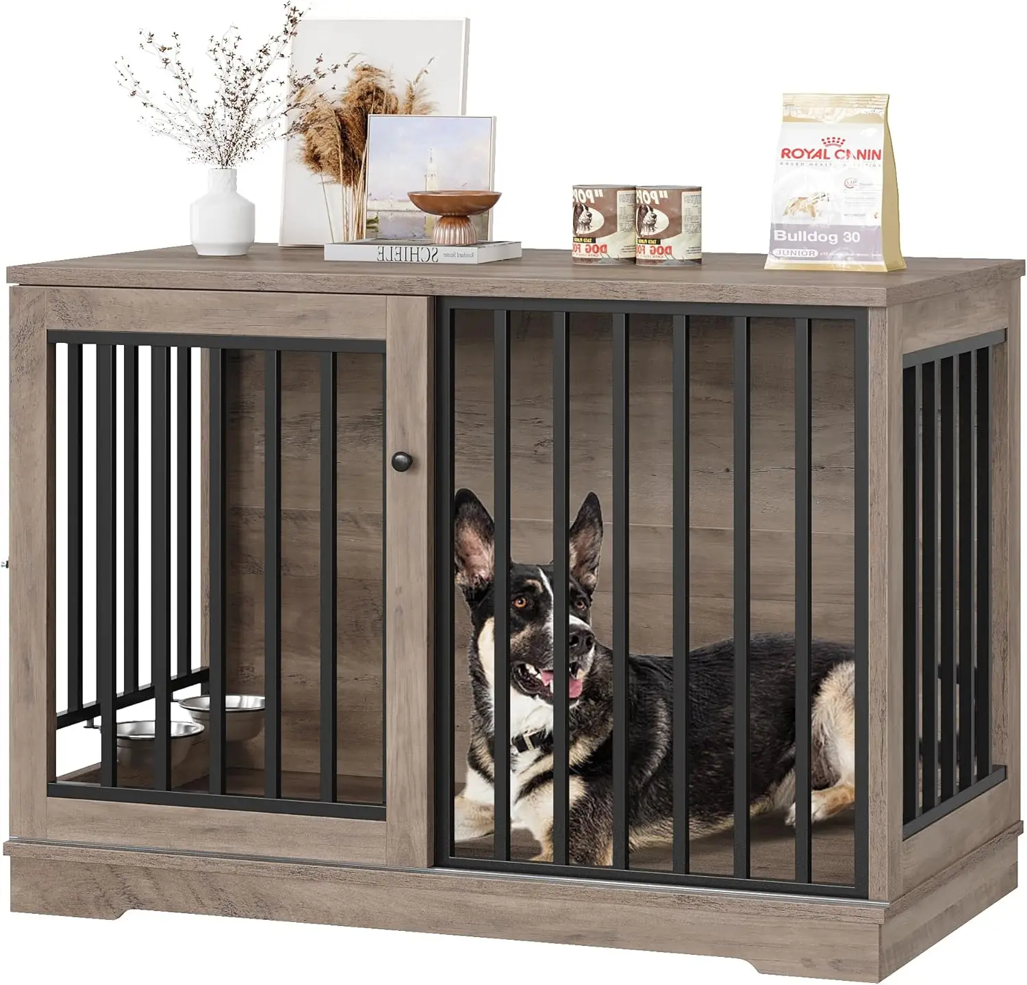 

Dog Crate Furniture 47” Large Dog Kennel for Dogs Indoor, Heavy Duty Dog Cage with Sliding Door and 2 SUS Bowls Wooden