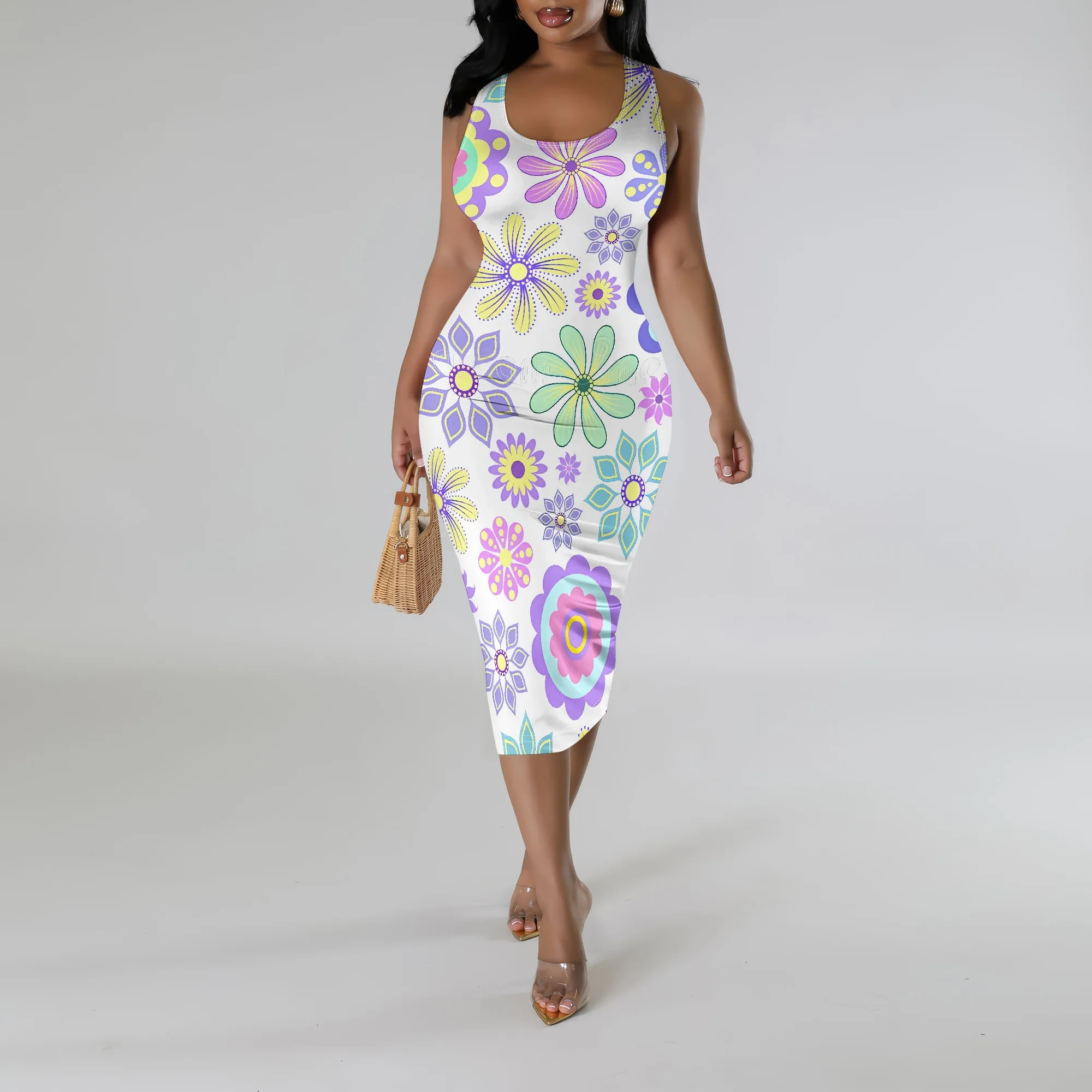 

Nupusa Standard Size Bodycon Dress Colorful Flower Print Sleeveless Dress