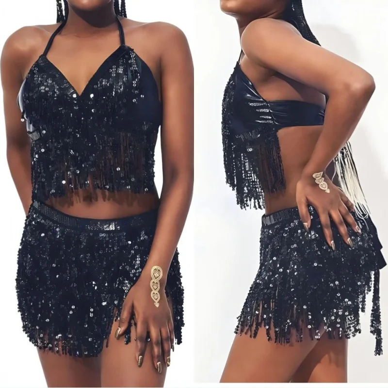 Sexy danse du ventre paillettes gland chaîne ceinture Mini jupe scène Performance Club indien Latin Hula danseur enveloppement plage hanche taille écharpe