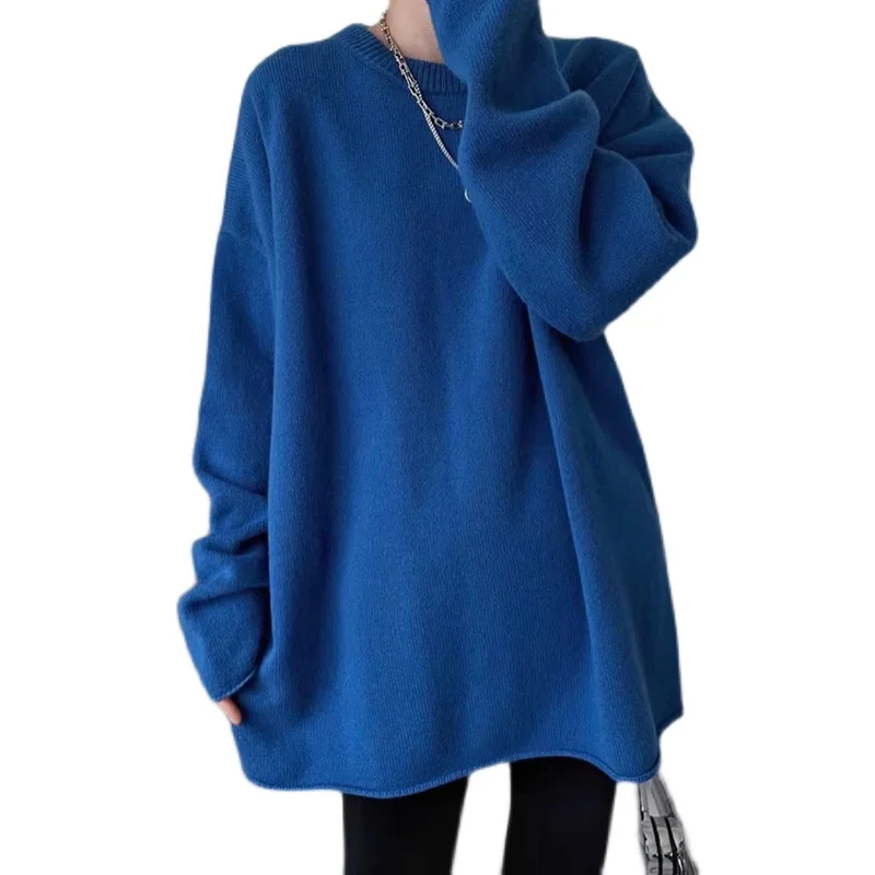 Senior 100% pure cashmere sweater women Klein blue sweater round neck loose thickened medium long knitted sweater