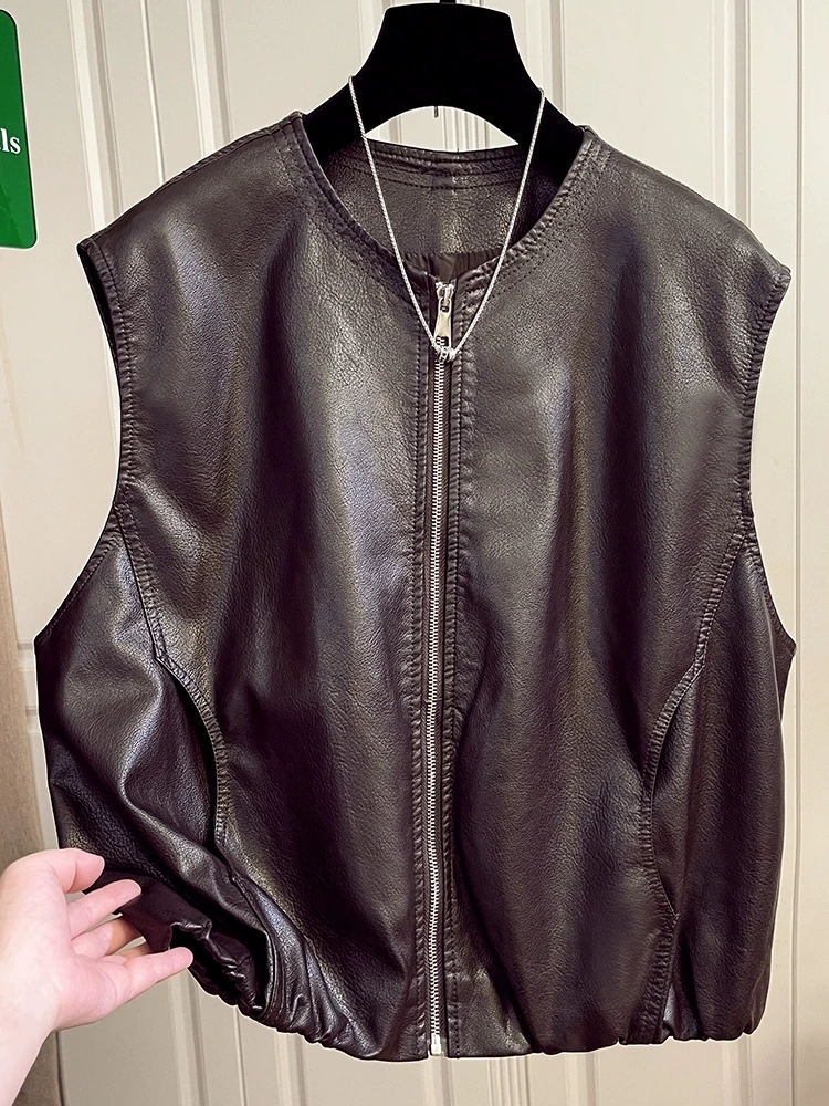 

High-End PU Leather Biker Vest Women's Casual Layering Jaet Zipper Loose Fit round Ne No Sve Commute Sle Outerwear