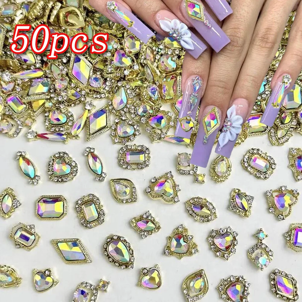 50Pcs/Lot Luxury Heart Square Rhinestone Alloy Nail Charms Colorful Iridescent Glass Diamond Irregular Shape Nail Art Decoration