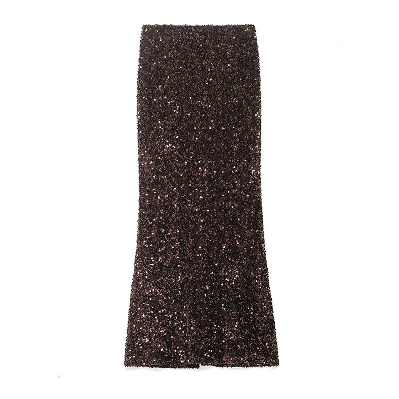 YENKYE New Women Mid-rise Back Hem Slit Long Sequin Skirt Party Sexy Skirts