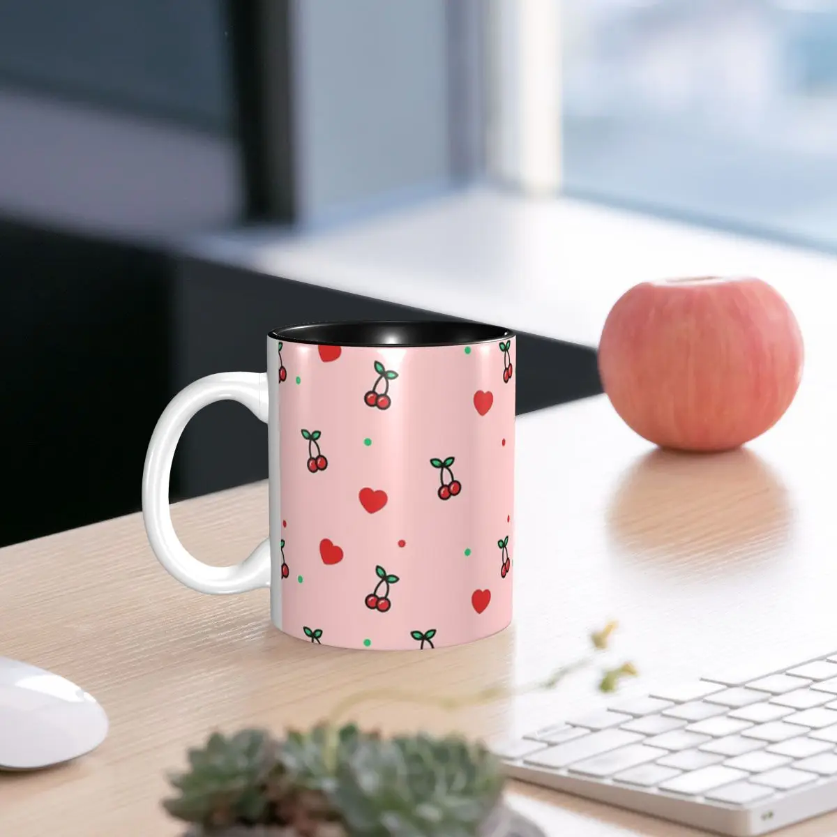 

Cherry Heart Design Pattern With Pink Background Mug Funny Ceramic Coffee Cups Tea Mugs Milk Cup Drinkware Gifts for Friends