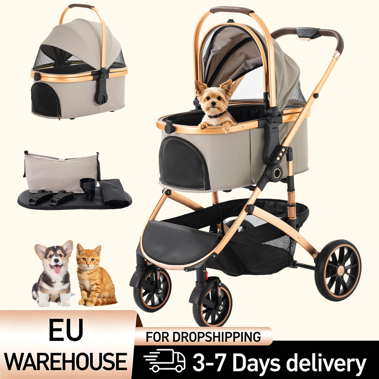 2-in-1 Haustier-Kinderwagen Reiseträger für Kleine/Mittlere Hunde Transportbox Faltbarer Katzen-Kinderwagen, 360° °   Verschleißfeste Gummiräder, mit Aufbewahrungskorb Haustier-Kinderwagen