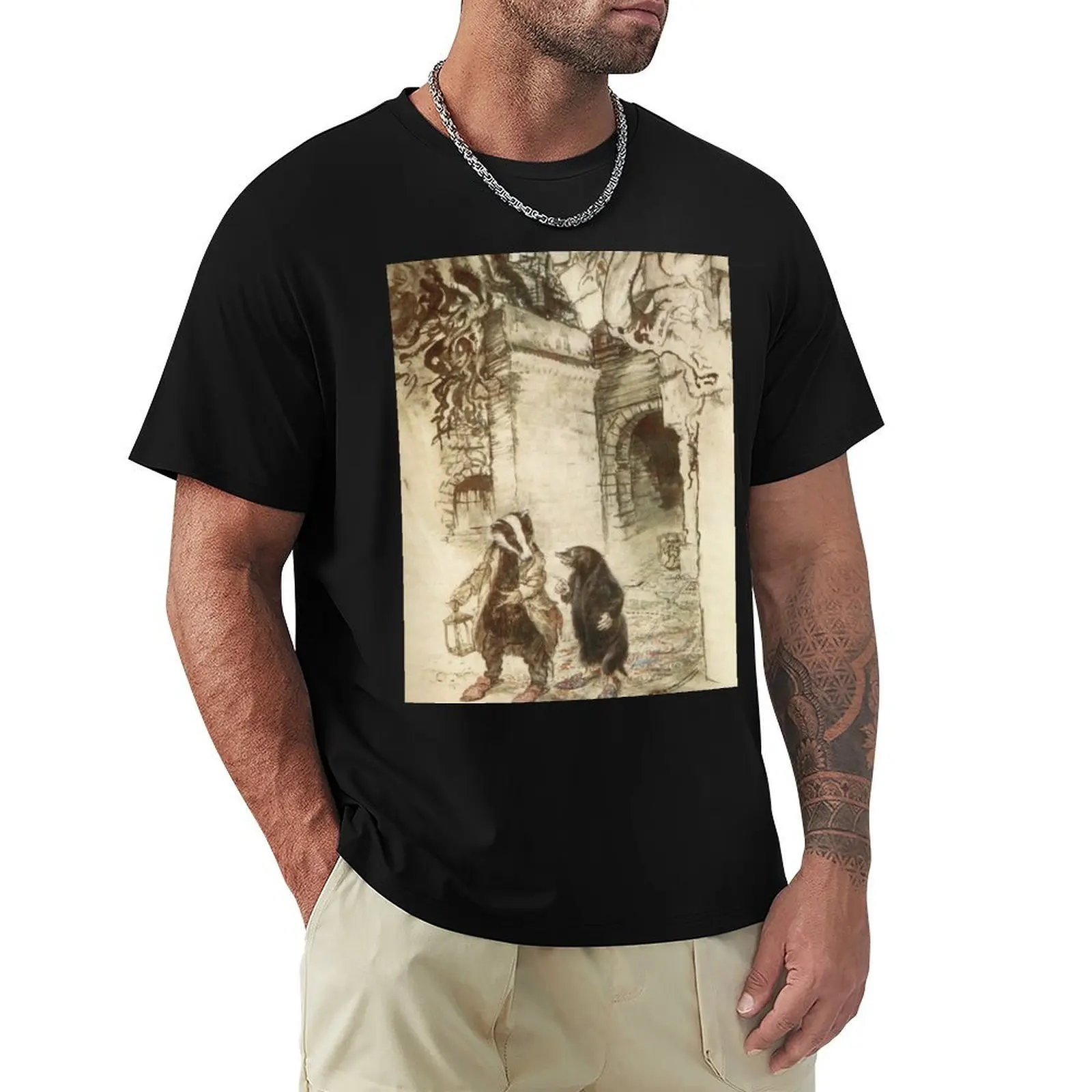 

Badger and Mole Wind in the Willows illustration - Arthur Rackham T-Shirt Graphic Print Short Sleeve T-Shirt