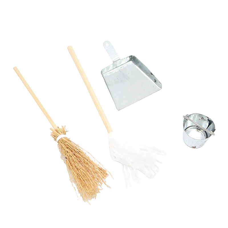 1/12 Dollhouse Broom Dustpan Mop Metal Pail Kit Dollhouse Mini Cleaning Tool Accessories Dolls House Decor Pretend Play Toy