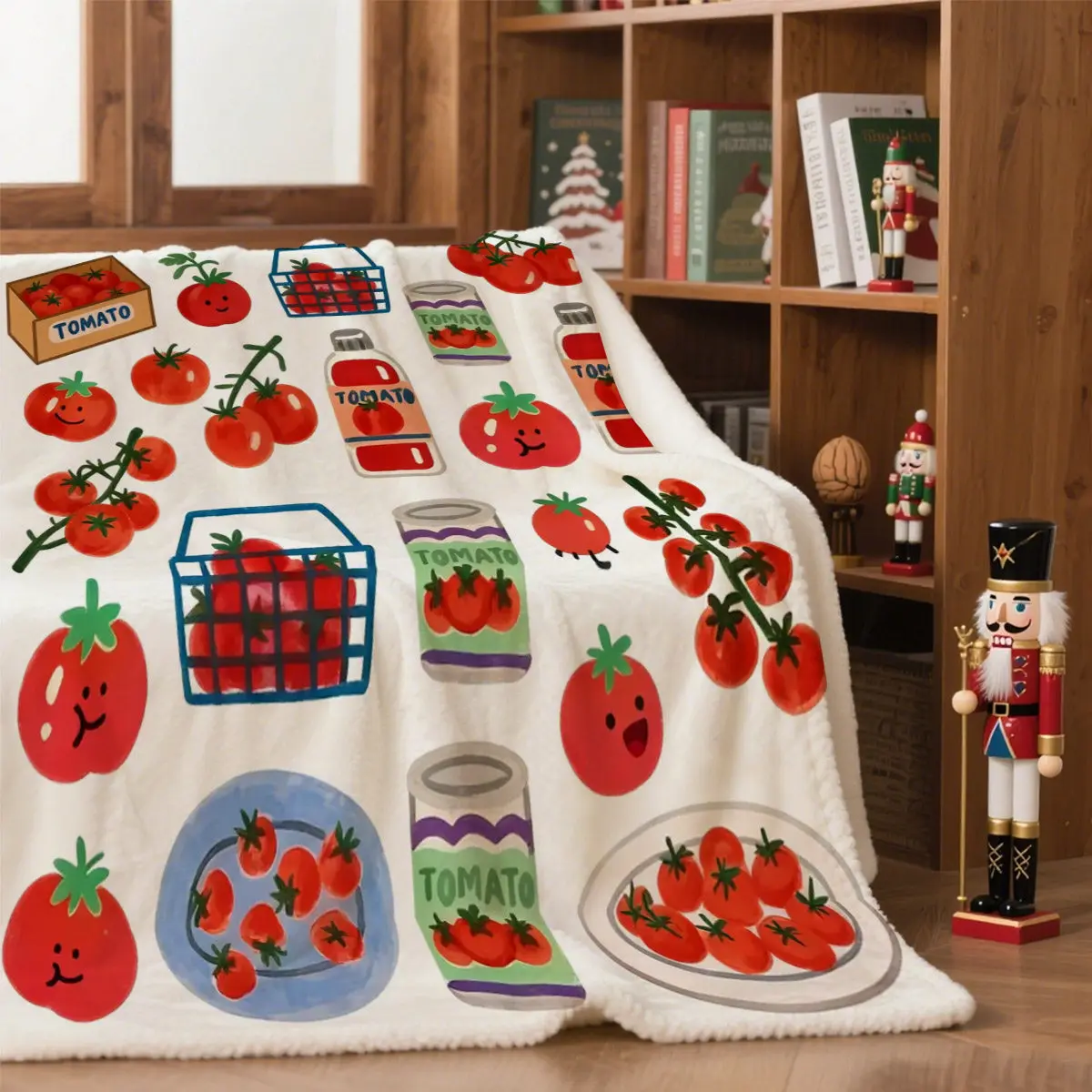 Fun Hand Drawn Tomato Food Throw Blanket, Cartoon Red Fruit Kitchen Element Warm Blanket for Couch Trip Household Casual Sweet