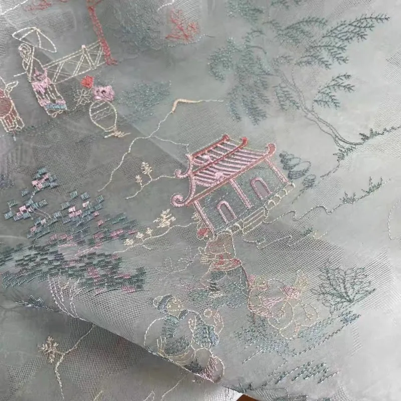 Organza Embroidered Fabric for Chinese Traditional  Qipao Hanfu Mamian Skirts Architectural Motif Haute Couture Designer Apparel