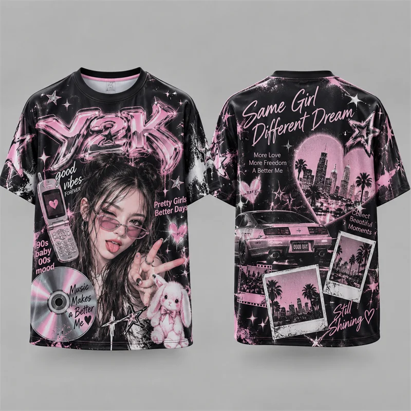 Y2K Retro Girl Graphic T Shirt Pink Aesthetic City Music Collage 3D Print Short Sleeve Streetwear Summer Casual Tee Top