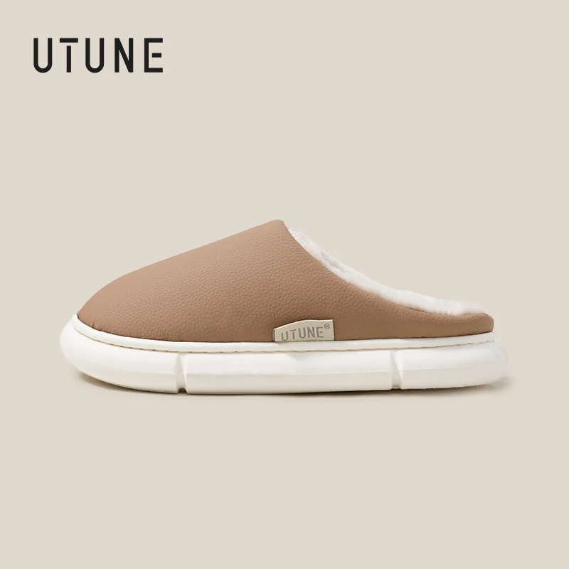 UTUNE Men's Winter Genuine Leather Lychee Textured Indoor Slippers Waterproof Oil-Resistant Plush-Lined Couples' Cotton Shoes