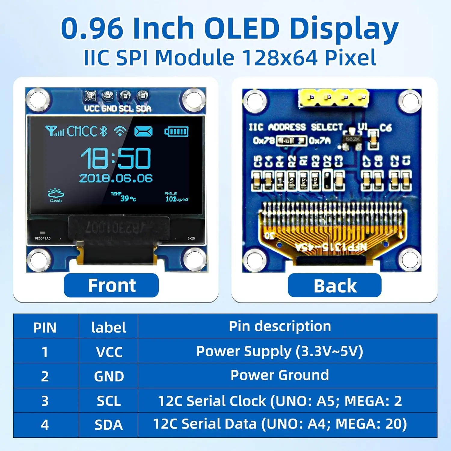 5 peças 0.96 "módulo de exibição oled 128x64 ssd1306 luminoso i2c placa de exibição oled compatível com arduino raspberry pi esp32 (branco)