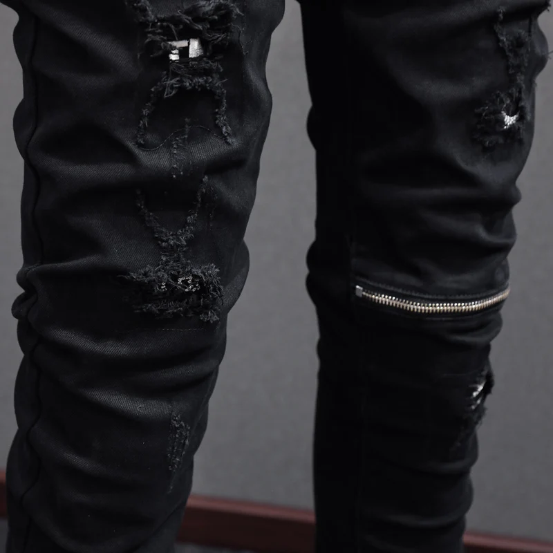 Italiany2k  new men's jeans washed nostalgic stretch slim zipper decoration black jeans designer high-strength pants hombre