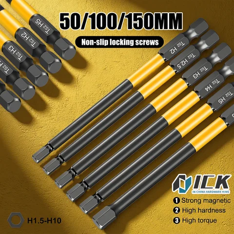 Allen Wrench Drill Bit Hex Driver Bits Set 50/100/150mm H1.5-H10mm with Magnetic Grip and Slip Design for Secure Screw Holding