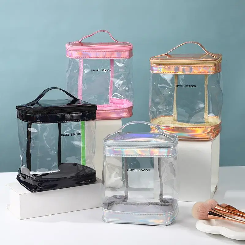 Trendy Laser Transparent Makeup Bag Portable Minimalist Handbag Travel Cosmetic Pouch Waterproof PVC Clear Toiletry Bags