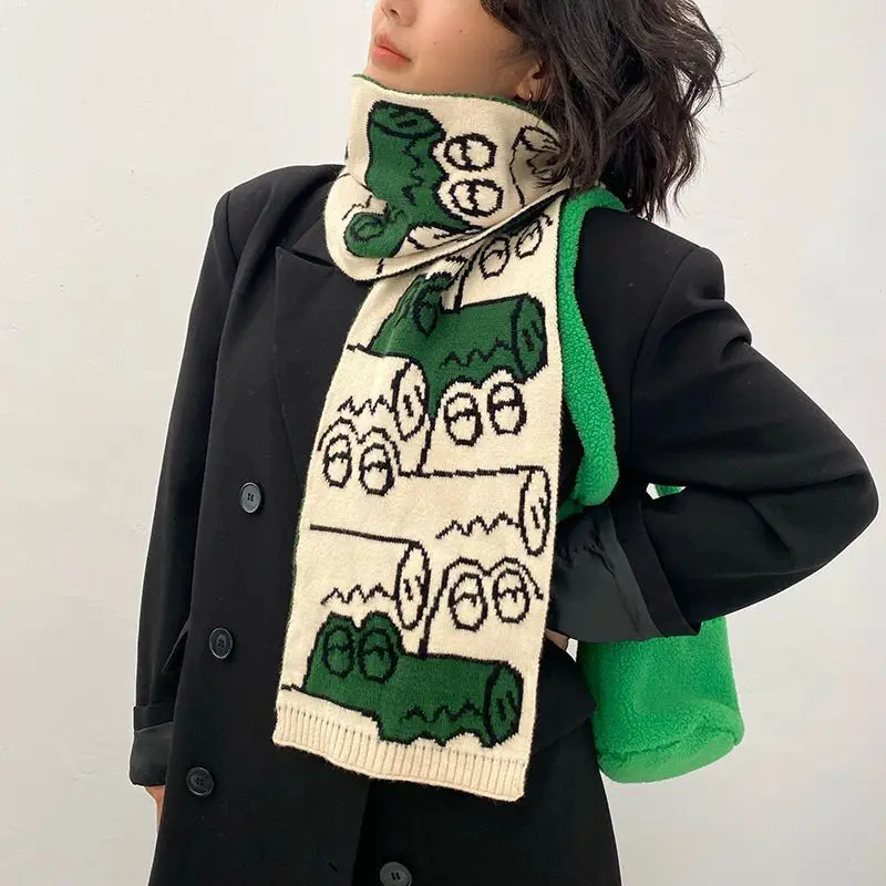 Cartoon Little Crocodile Print Scarf Knitting Fashion Bufanda Women Cute Scarves Kawaii Hijab Couple Neckchief Winter Warm Wrap