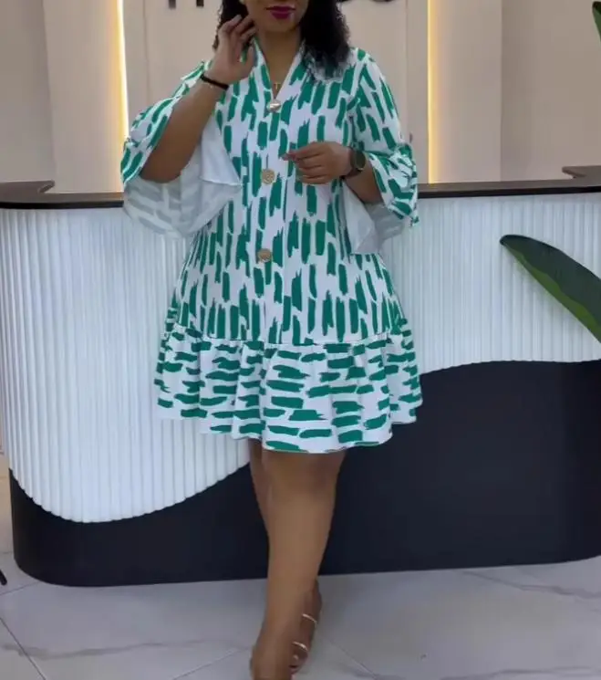 

Women Dresses 2026 Spring New Elegant Commuting Casual Printed Patchwork Ruffle Edge Long Sleeve V-Neck Loose Dress