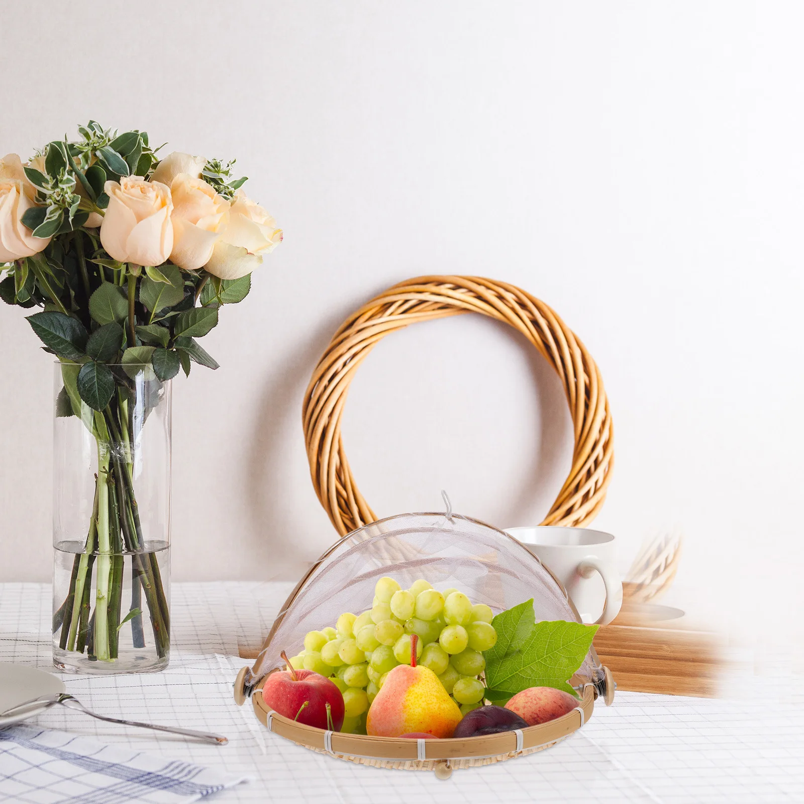 

2Pcs Bamboo Basket Woven Storage Household Dustpan Baskets with Gauze Cover Multi- Organizer