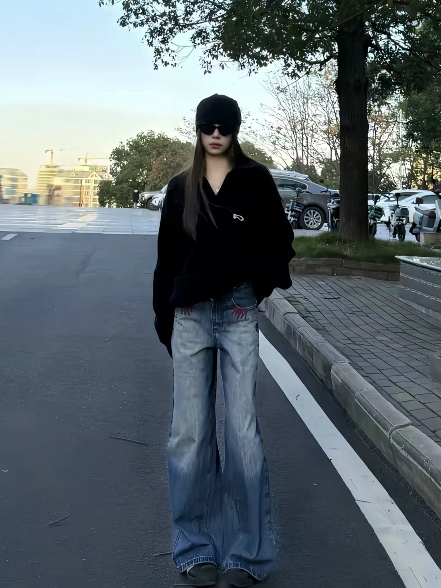 

Мужские джинсы с синей вышивкой и узором «бамбуковые узлы», с высокой талией, прямого кроя, повседневные, из денима, для осенне-зимнего уличного стиля