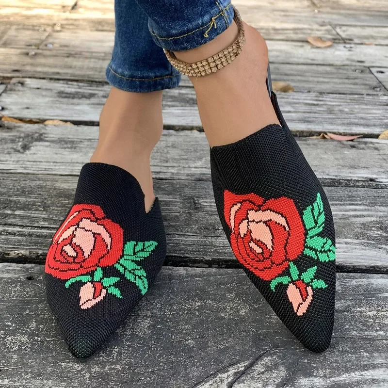 Woman Mules Shoes Outdoor Women Slippers Knit Pointed Toe Shallow Low-heel Casual Footwear Comfortable Skull Slides Embroidery